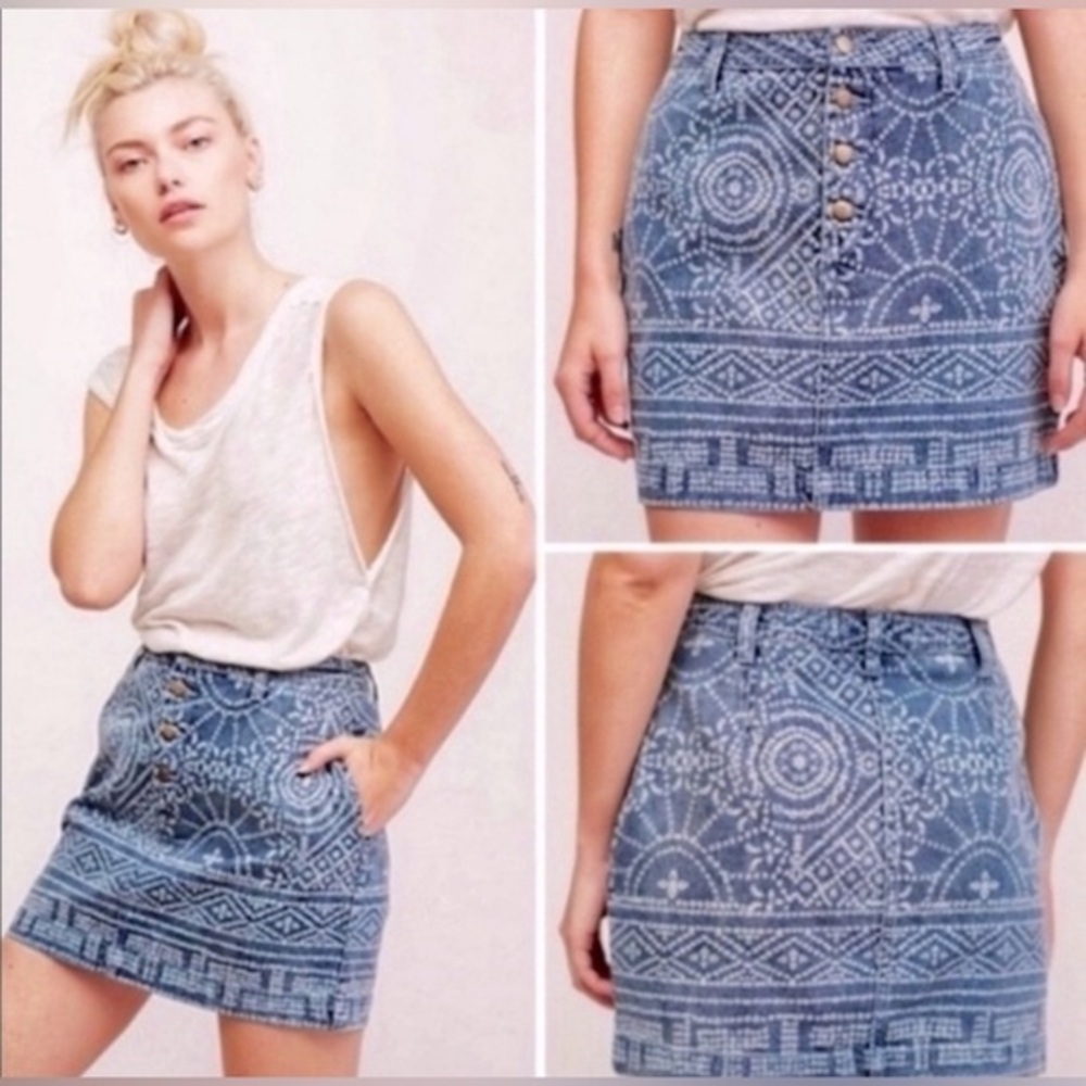 Free People Denim Tribal Ethnic Printed 2 Button Straight Mini Skirt NWOT